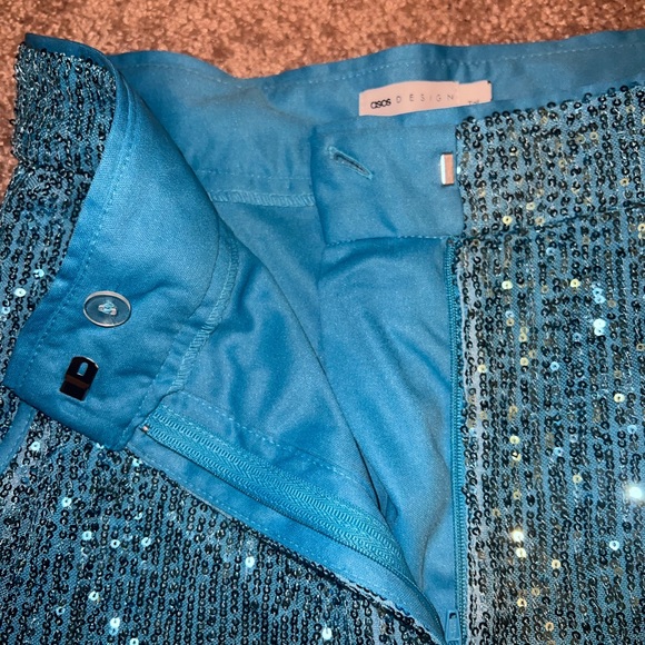 • ASOS DESIGN • Hourglass straight sequin ankle grazer pants in turquoise - Picture 3 of 7